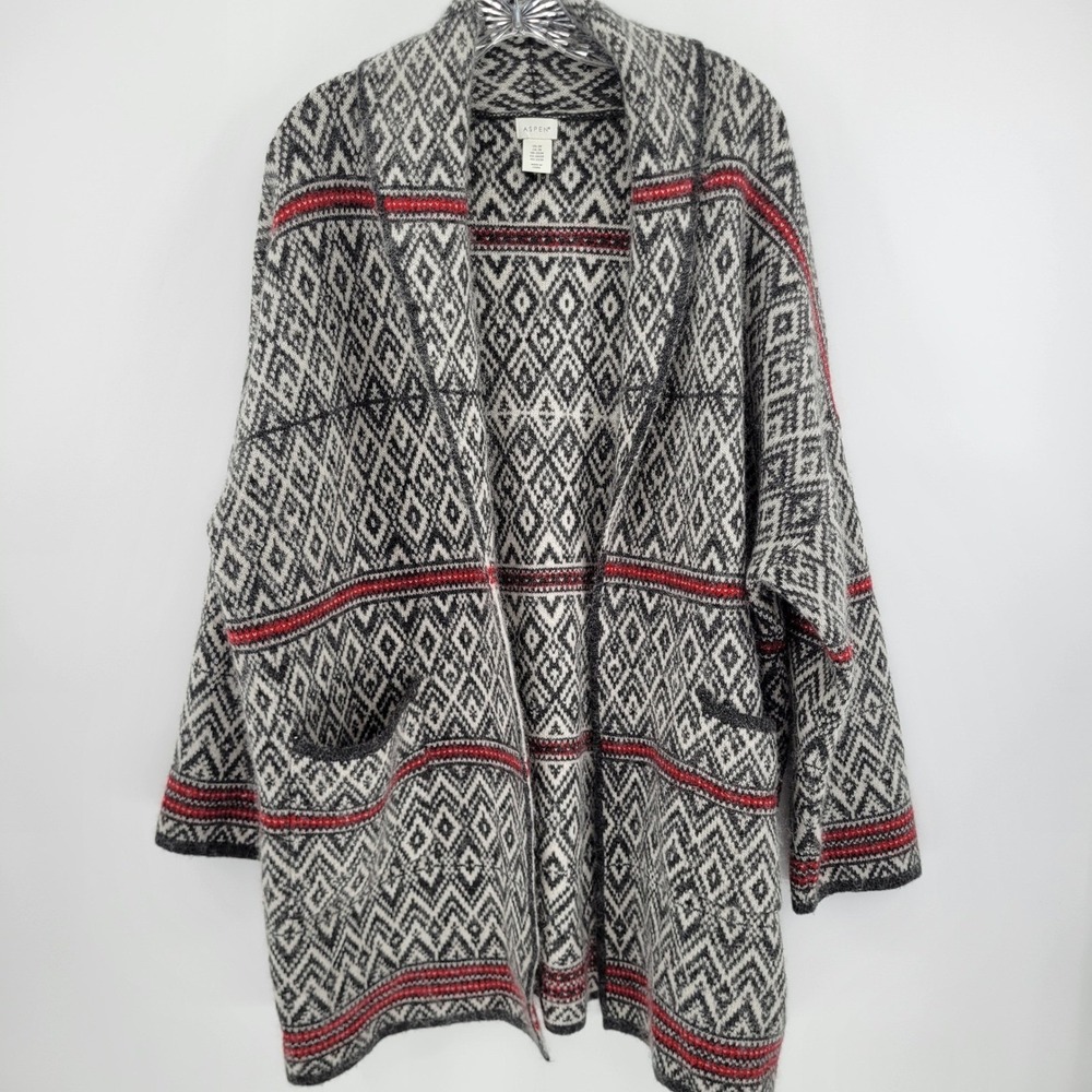 Aspen Womens 2X Fair Isle Open Front Cardigan Wool Blend Geometric Sweater Red